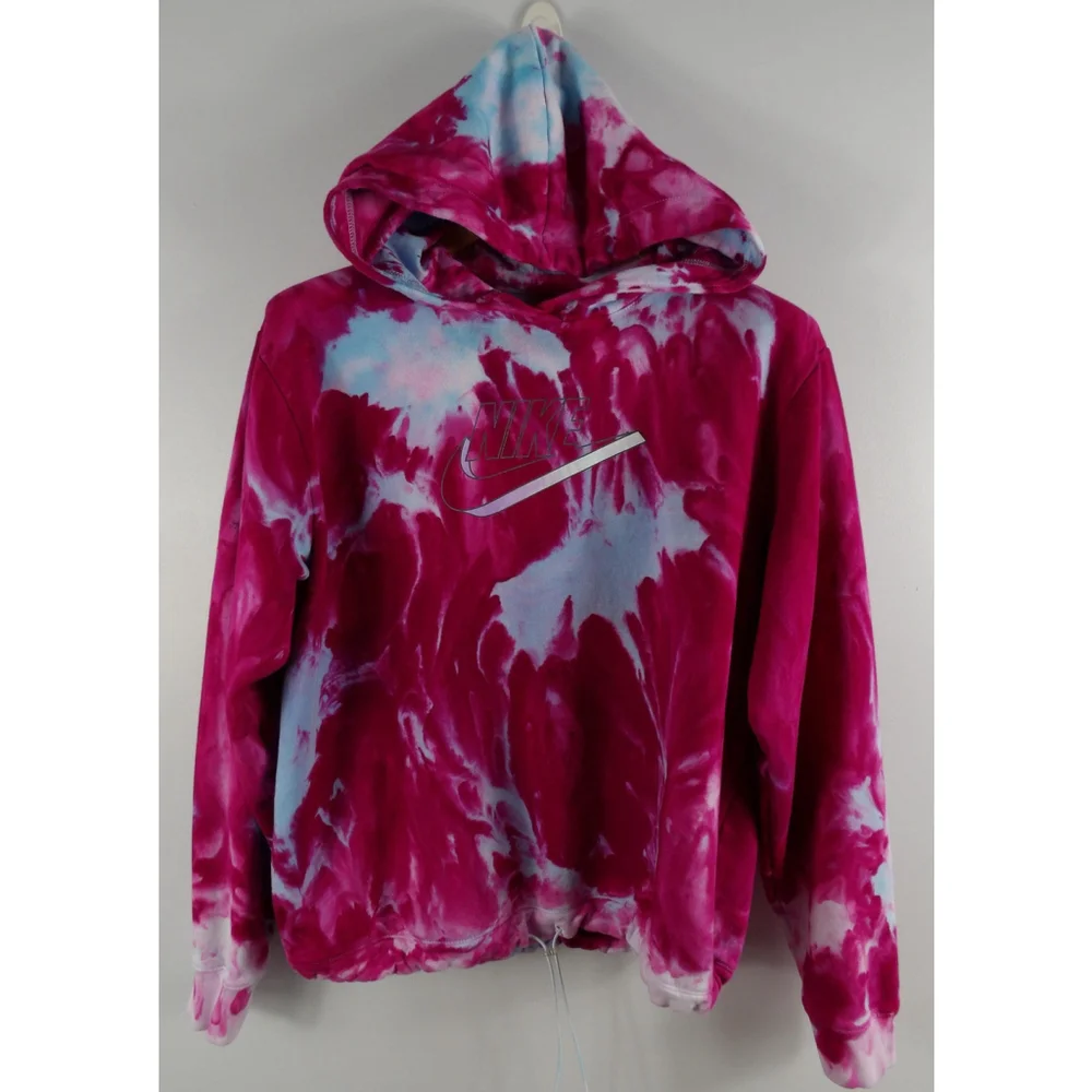 LARGE NIKE Reclaimed Hand-Dyed Hoodie – Vibrant Tie-Dye in Pink and Blue